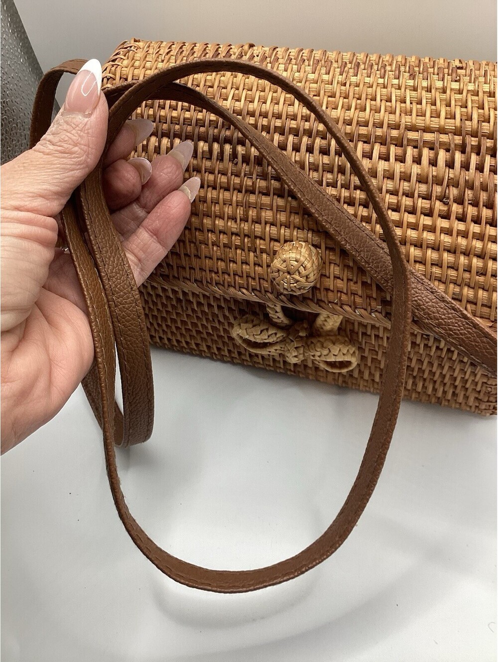 Modcloth Cute Handmade Hard Body Woven Bag Purse Tan Faux Leather Strap B7 - Picture 8 of 8
